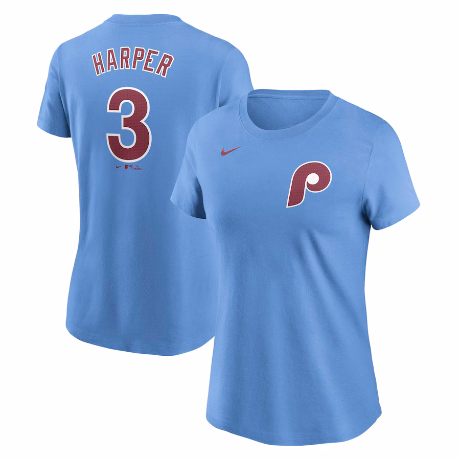 Women's Philadelphia Phillies Bryce Harper Nike Light Blue Fuse Name & Number T-Shirt