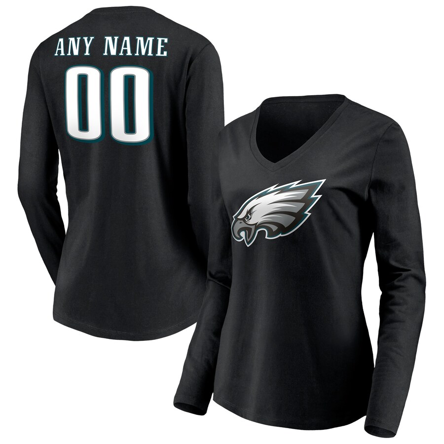 Women's Philadelphia Eagles Black Team Authentic Personalized Name & Number Long Sleeve V-Neck T-Shirt