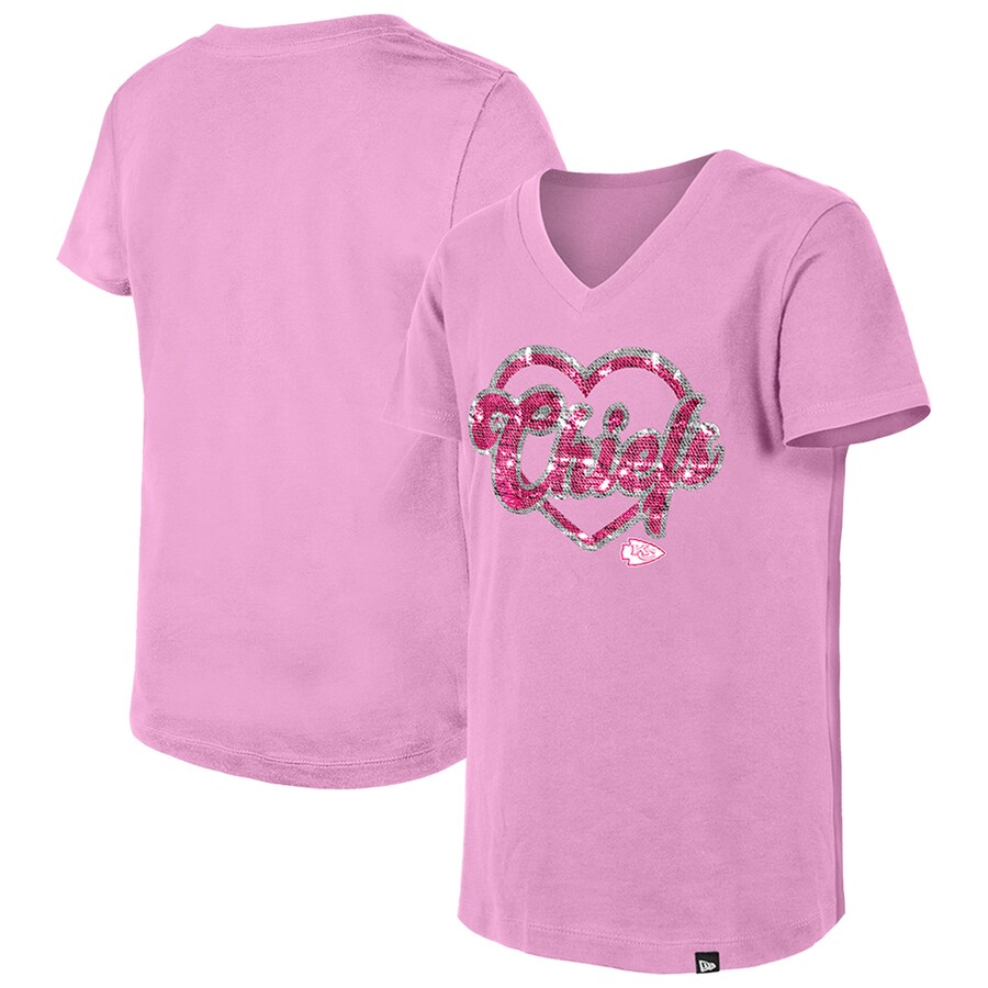 Girls Youth Kansas City Chiefs New Era Pink Flip Sequins V-Neck T-Shirt