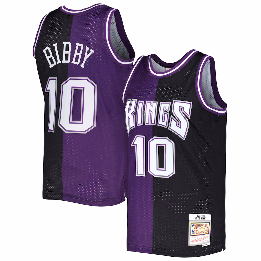 Men's Sacramento Kings Mike Bibby Mitchell & Ness Purple/Black Hardwood Classics 2001/02 Split Swingman Jersey