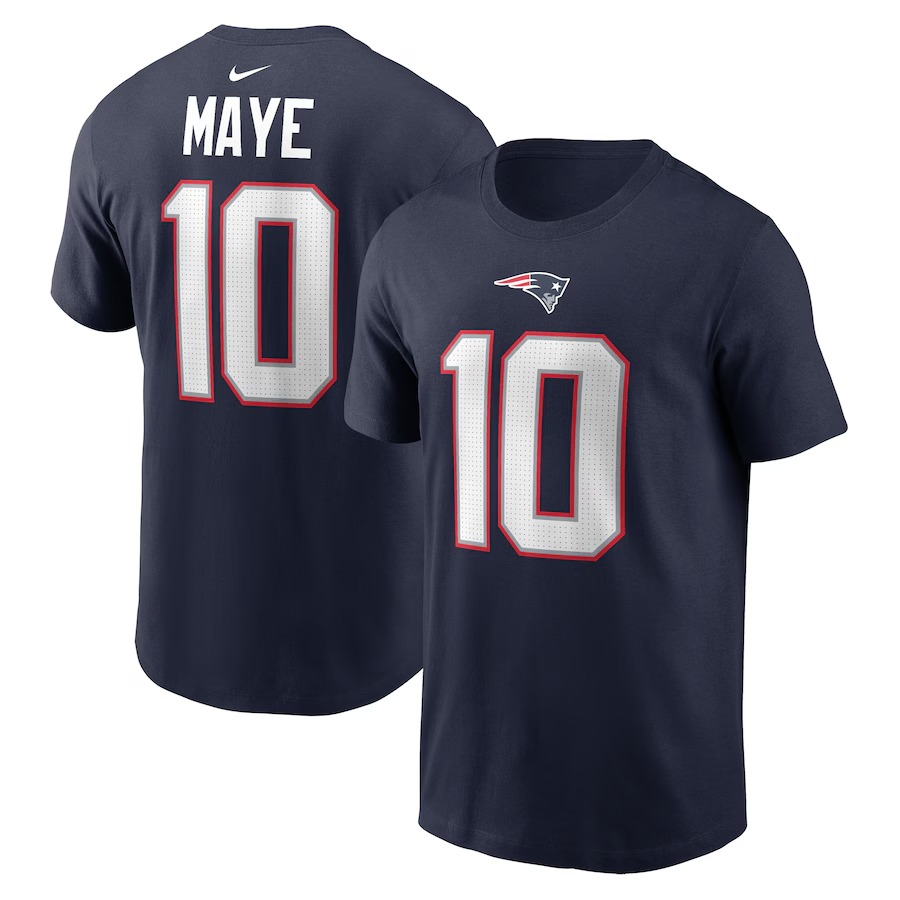 Men's New England Patriots Drake Maye Nike Navy 2024 NFL Draft First Round Pick Name & Number T-Shirt