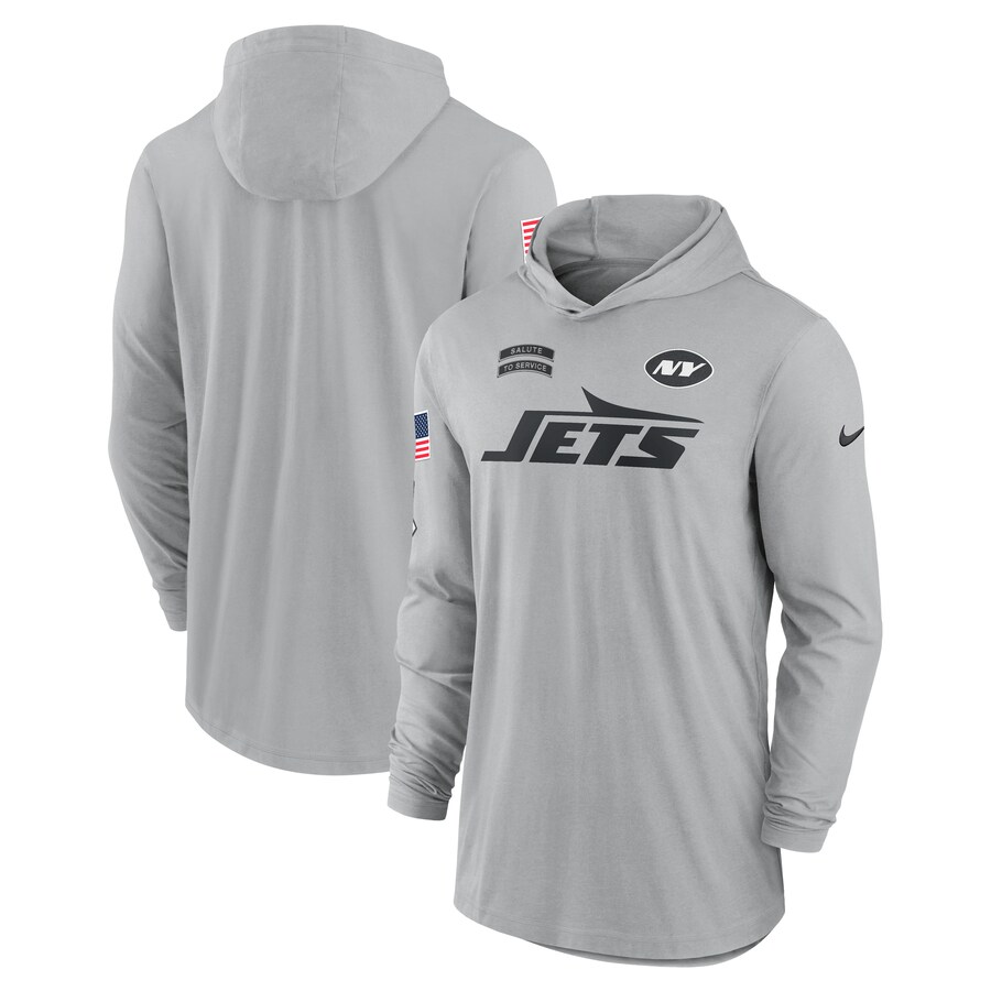 Men's New York Jets Nike Gray 2024 Salute to Service Lightweight Performance Long Sleeve Hooded T-Shirt