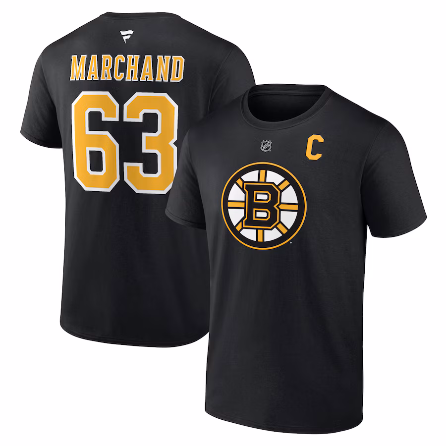 Men's Boston Bruins Brad Marchand Fanatics Black Authentic Stack Name & Number T-Shirt