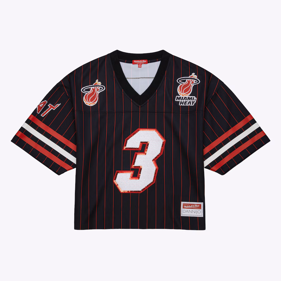 Women's Miami Heat Dwyane Wade Mitchell & Ness x DANNIJO Black Cropped Football Fashion Jersey