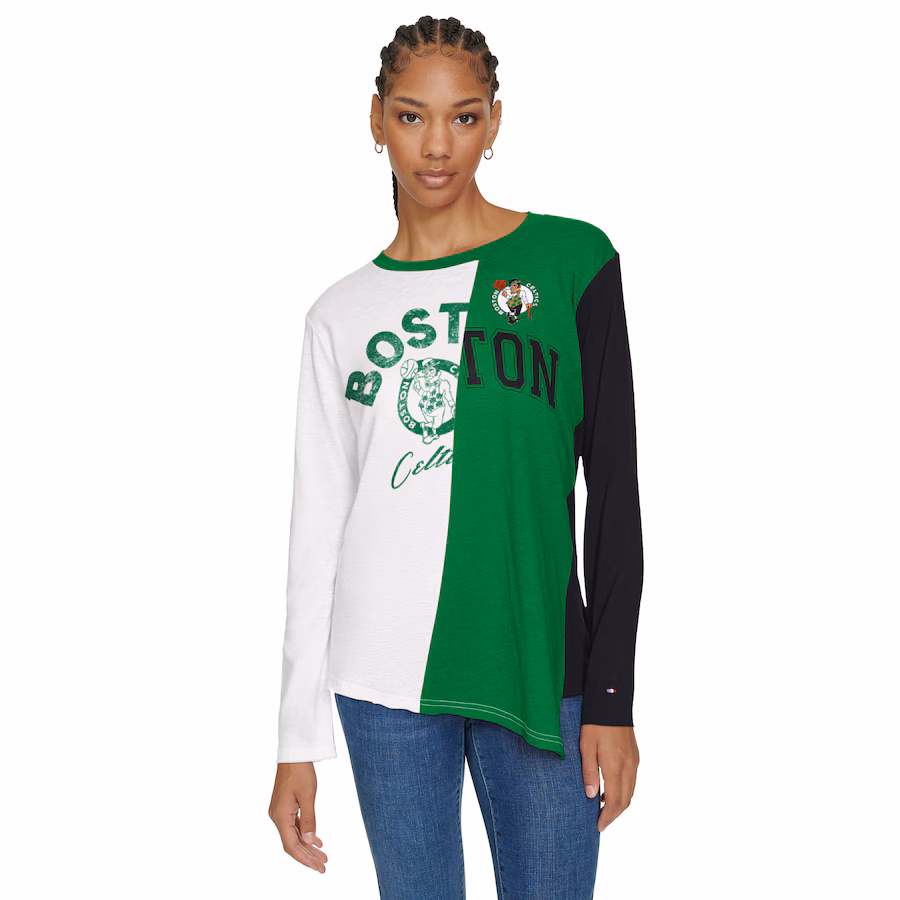 Women's Boston Celtics Tommy Jeans White/Kelly Green Amelia Color Blocked Long Sleeve T-Shirt