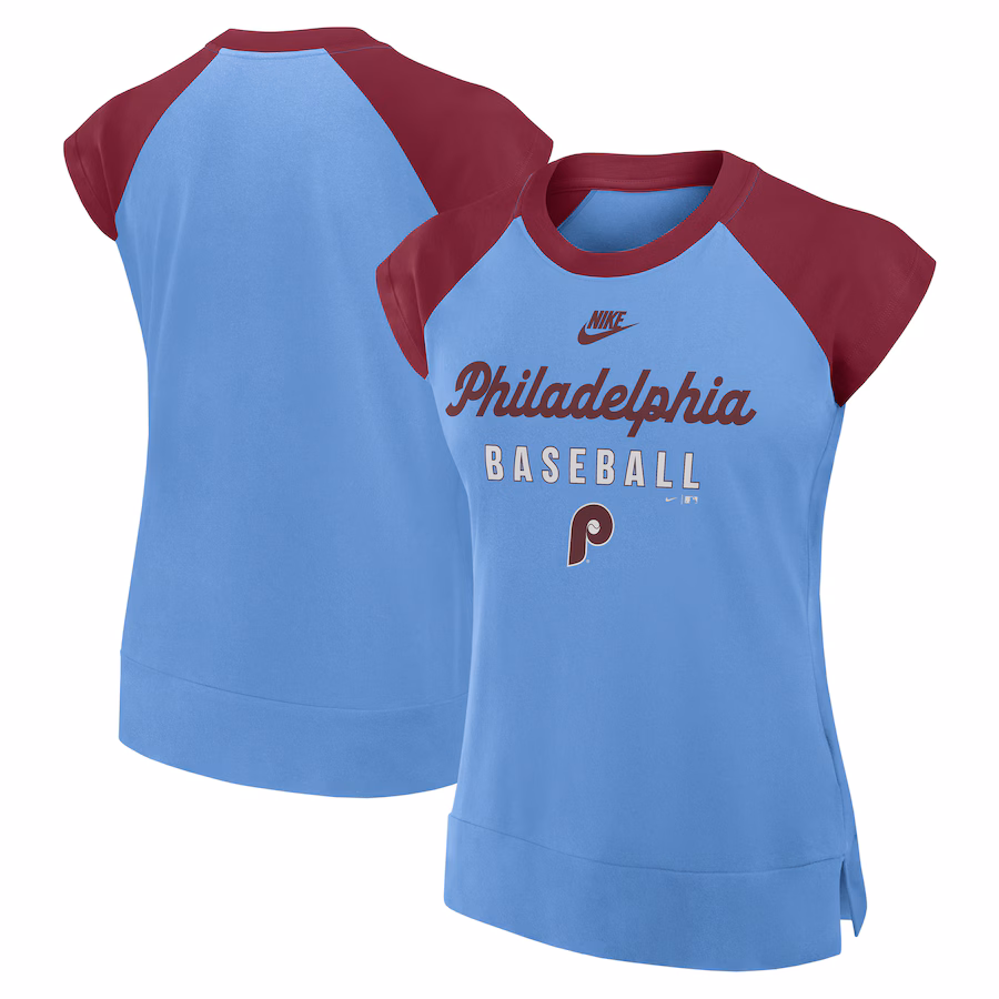 Women's Philadelphia Phillies Nike Light Blue/Burgundy Cooperstown Collection Raglan Performance T-Shirt