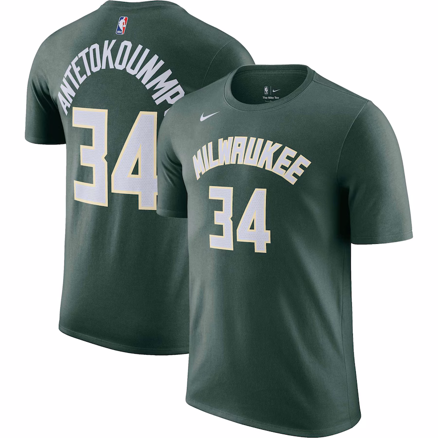 Men's Milwaukee Bucks Giannis Antetokounmpo Nike Hunter Green Icon 2022/23 Name & Number T-Shirt