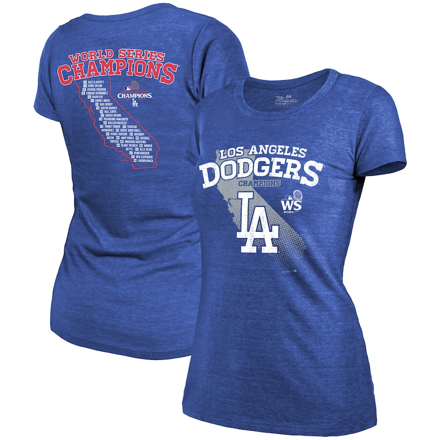 Women's Los Angeles Dodgers Majestic Threads Royal 2024 World Series Champions Tri-Blend Roster T-Shirt