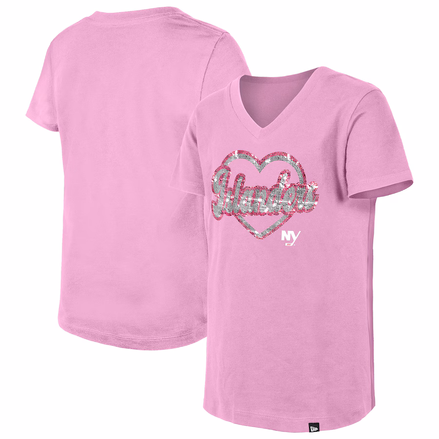Girl's Youth New York Islanders New Era Pink Flip Sequin V-Neck T-Shirt