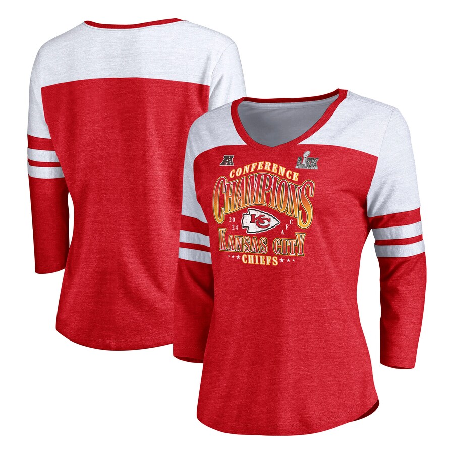 Women's Kansas City Chiefs Fanatics Heather Red 2024 AFC Champions Tri-Blend 3/4 Sleeve V-Neck T-Shirt