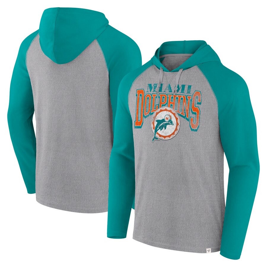 Men's Miami Dolphins Fanatics Gray/Aqua Under Center Long Sleeve Hoodie T-Shirt