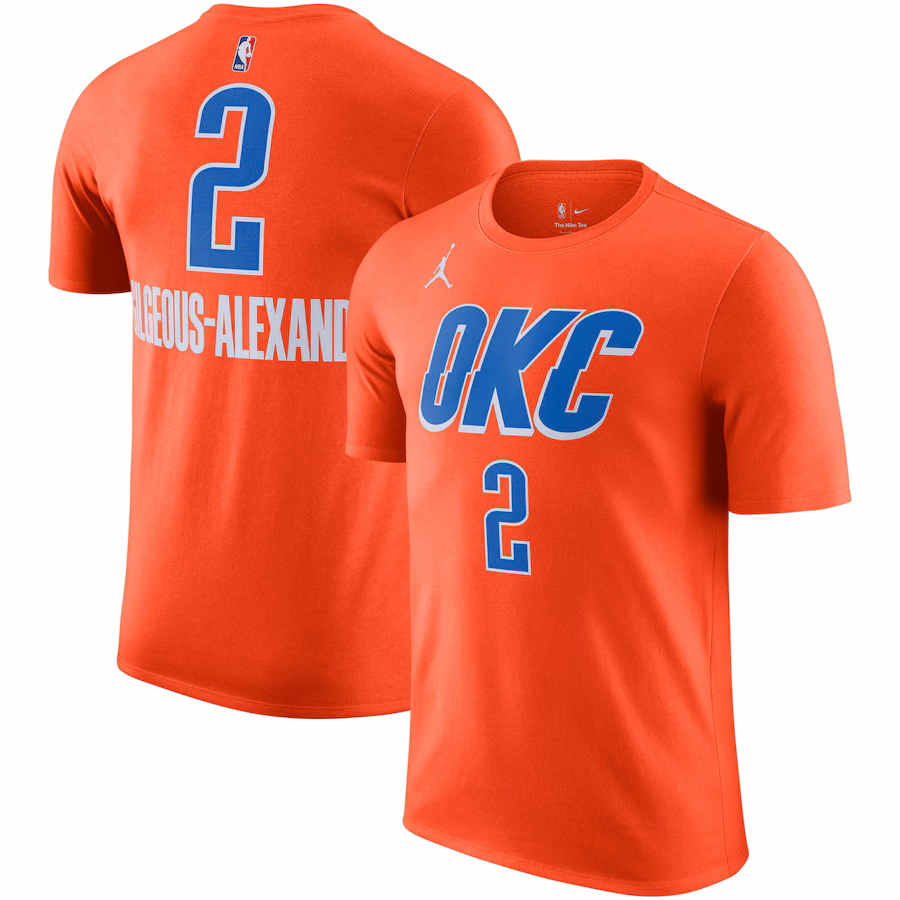 Men's Oklahoma City Thunder Shai Gilgeous-Alexander Jordan Brand Orange 2022/23 Statement Edition Name & Number T-Shirt