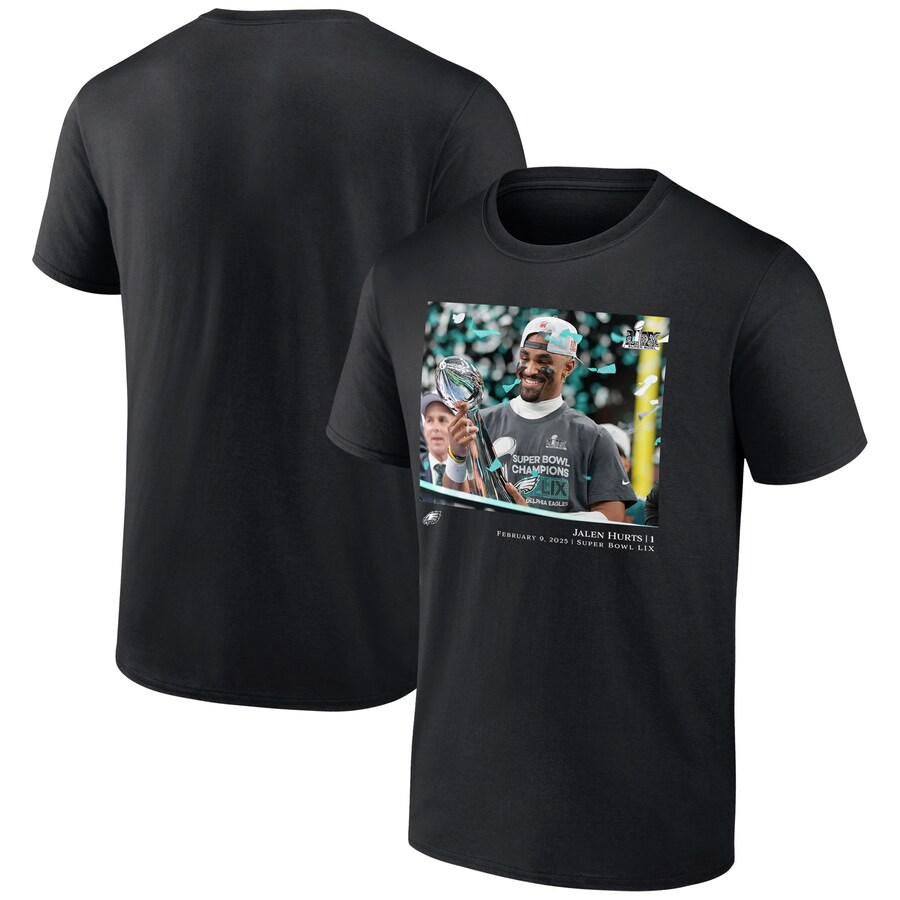 Men's Philadelphia Eagles Jalen Hurts Black NFL Flash Features Super Bowl LIX Champions T-Shirt