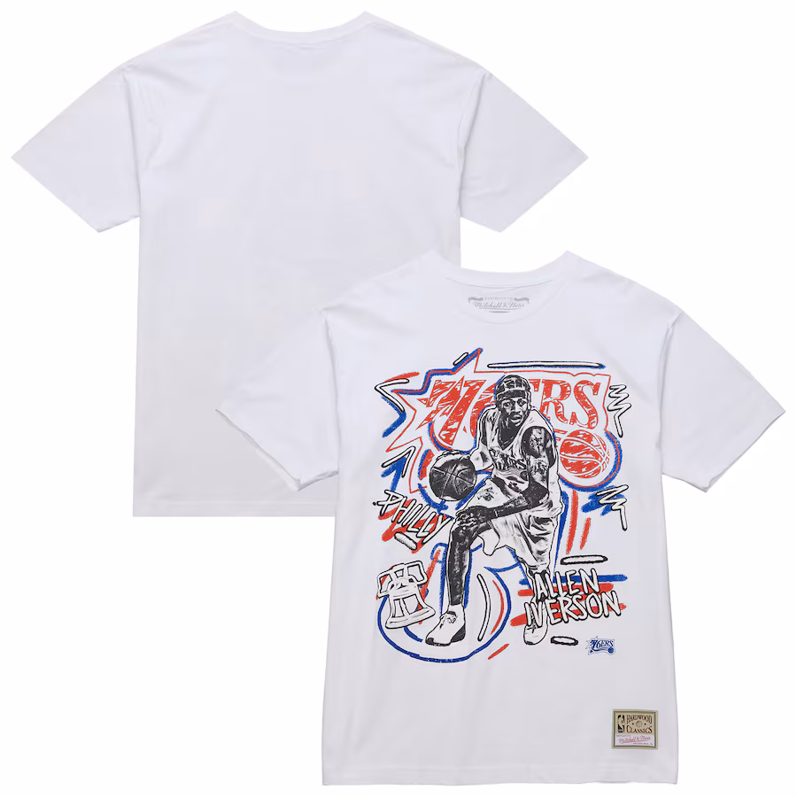 Men's Philadelphia 76ers Allen Iverson Mitchell & Ness White Hardwood Classics Chalked Up T-Shirt