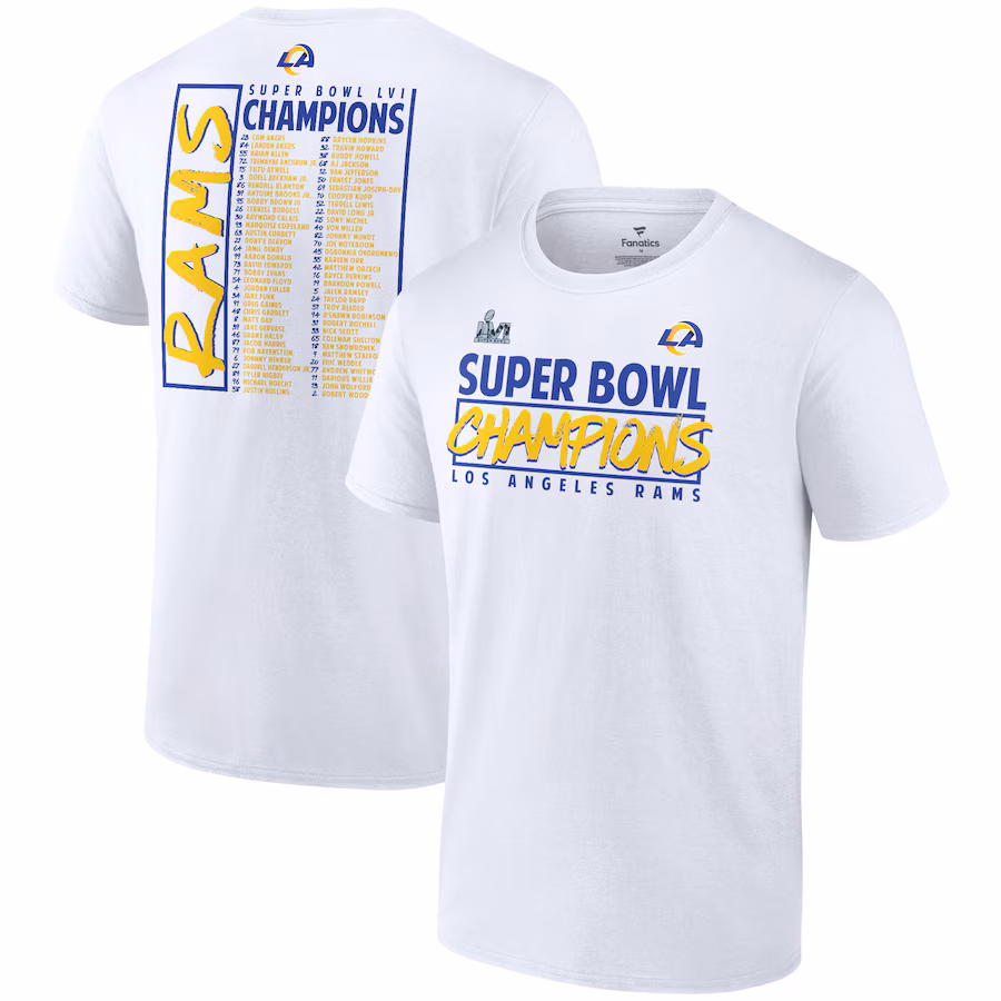 Men's Los Angeles Rams Fanatics White Super Bowl LVI Champions Stacked Roster T-Shirt