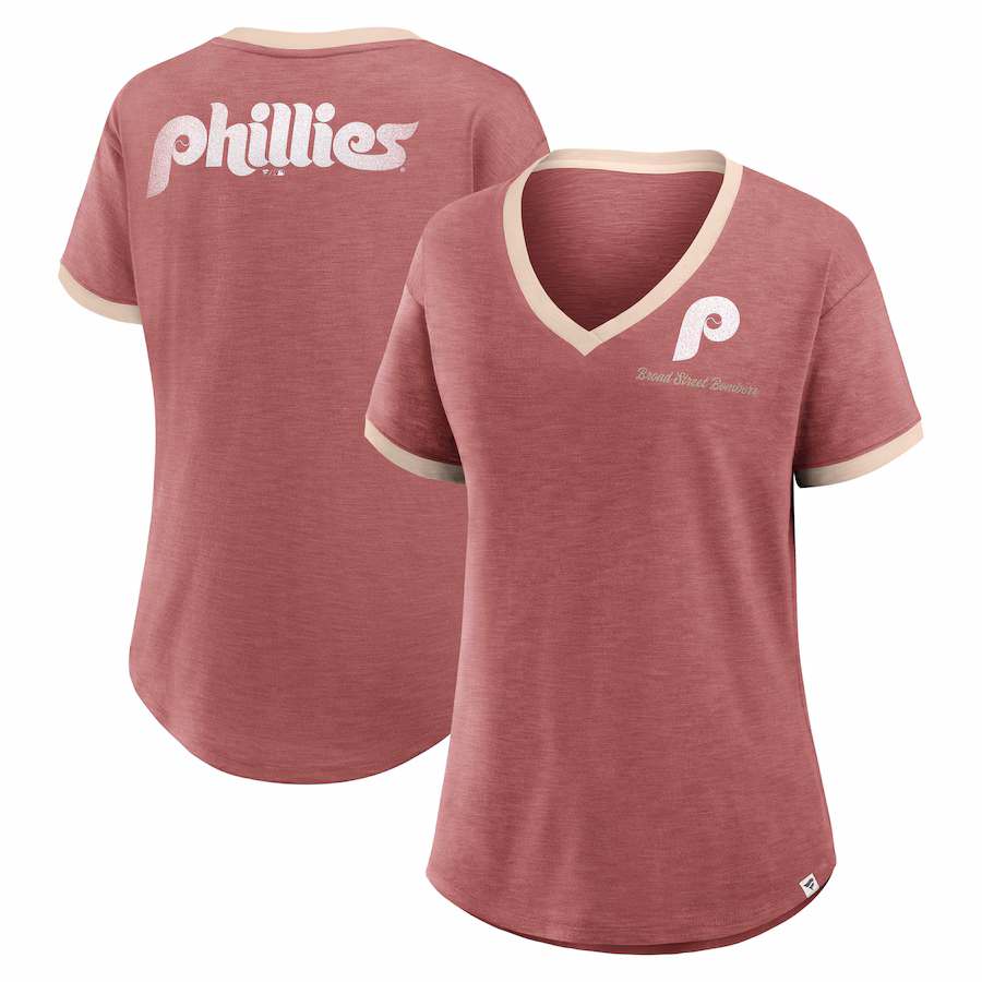 Women's Philadelphia Phillies Fanatics Burgundy Binge Worthy Stadium Slub V-Neck T-Shirt