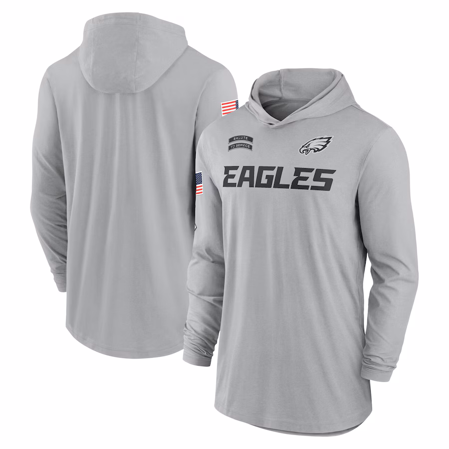 Men's Philadelphia Eagles Nike Gray 2024 Salute to Service Lightweight Performance Long Sleeve Hooded T-Shirt