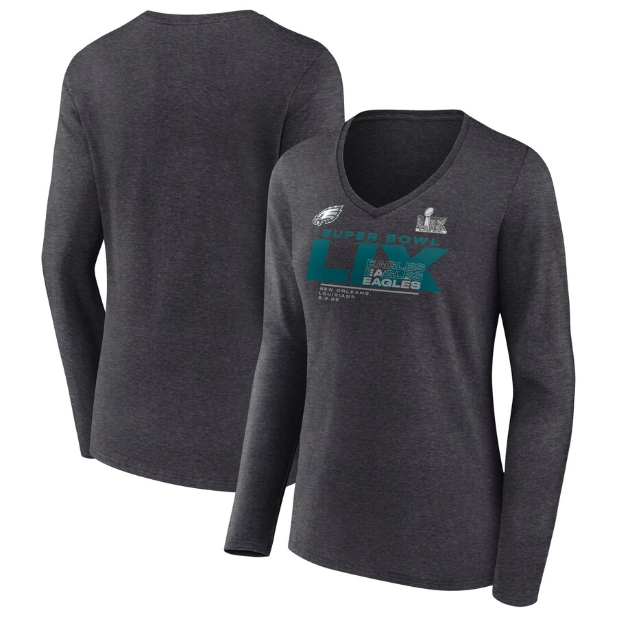 Women's Philadelphia Eagles Fanatics Heather Charcoal Super Bowl LIX Quick Pass Long Sleeve V-Neck T-Shirt