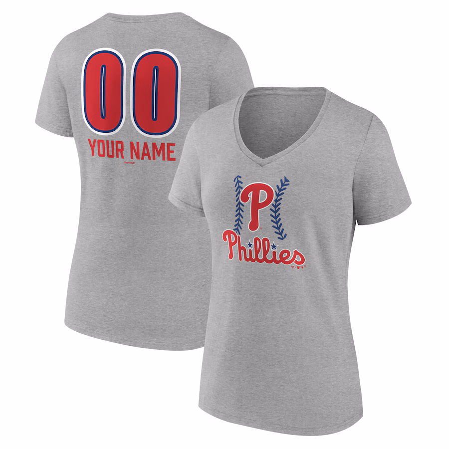 Women's Philadelphia Phillies Gray Personalized Name & Number Fastball V-Neck T-Shirt