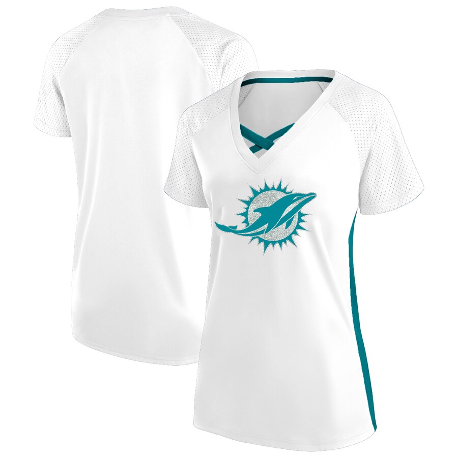 Women's Miami Dolphins Fanatics White Plus Size Glitter Lace-Up V- Neck T-Shirt