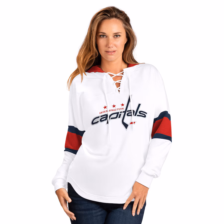 Women's Washington Capitals G-III 4Her by Carl Banks White Goal Zone Long Sleeve Lace-Up Hoodie T-Shirt