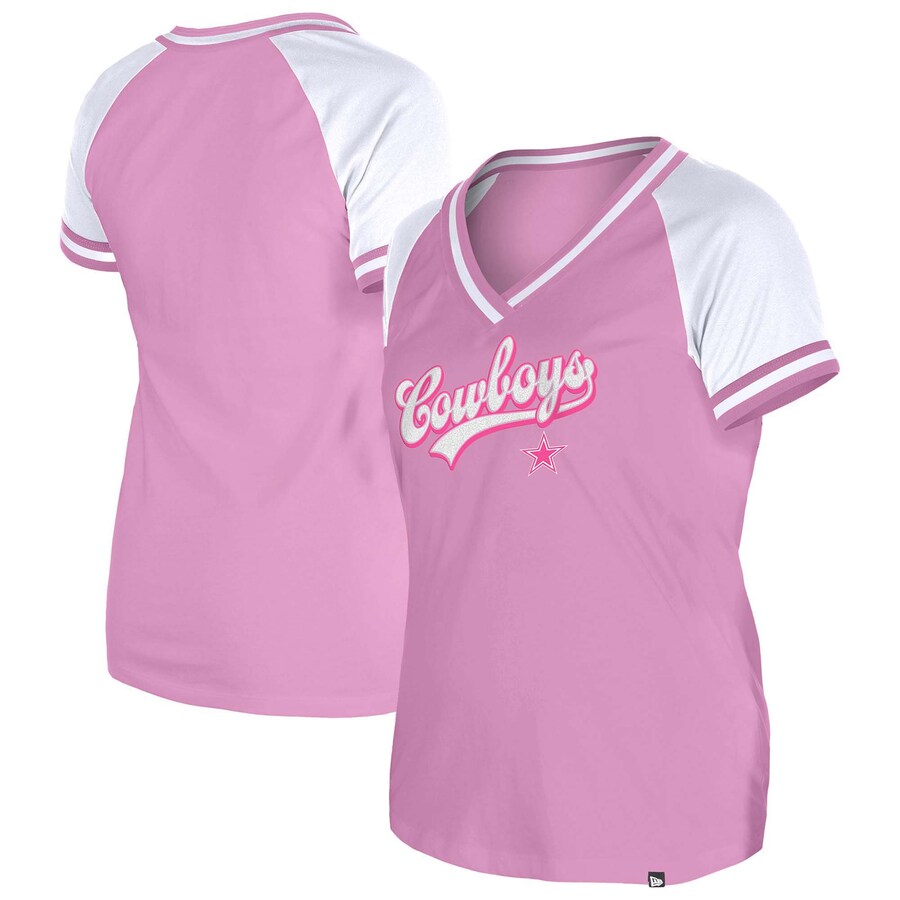 Women's Dallas Cowboys New Era Pink Color Multiplier Raglan V-Neck T-Shirt