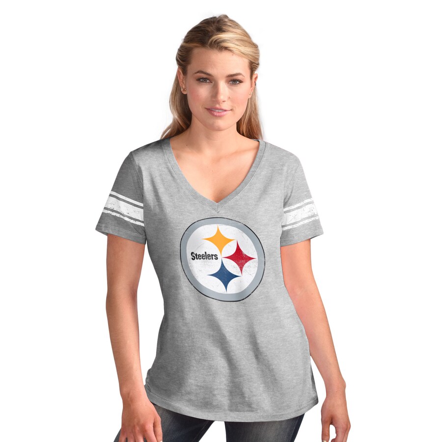 Women's Pittsburgh Steelers  G-III 4Her by Carl Banks Heather Gray First Pick Distressed V-Neck T-Shirt