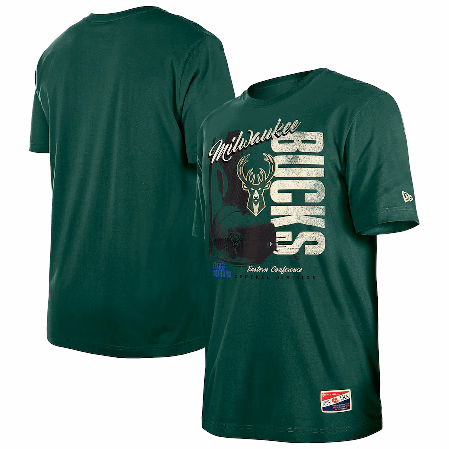Men's Milwaukee Bucks  New Era Hunter Green Distressed Throwback Vintage Color Pack T-Shirt