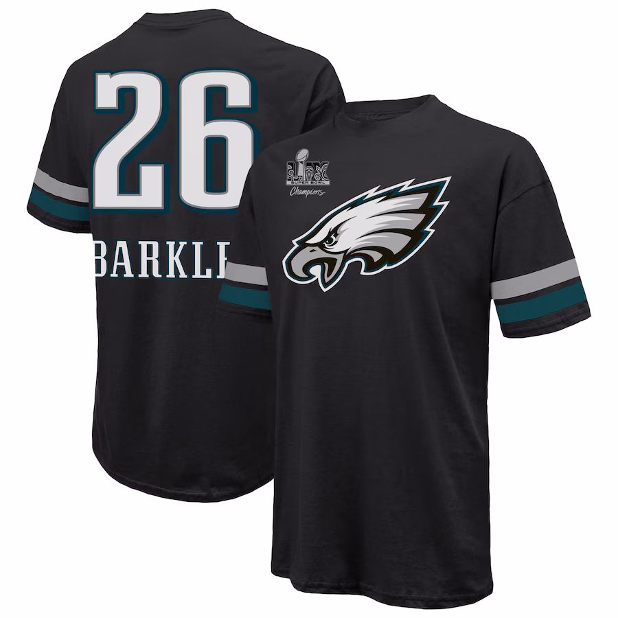 Men's Philadelphia Eagles Saquon Barkley Majestic Threads Black Super Bowl LIX Champions Oversized Player Name & Number T-Shirt