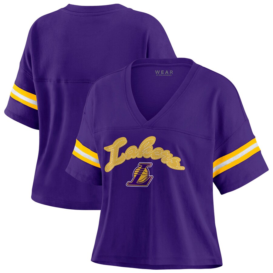 Women's Los Angeles Lakers WEAR by Erin Andrews Purple Color Block Boxy V-Neck T-Shirt