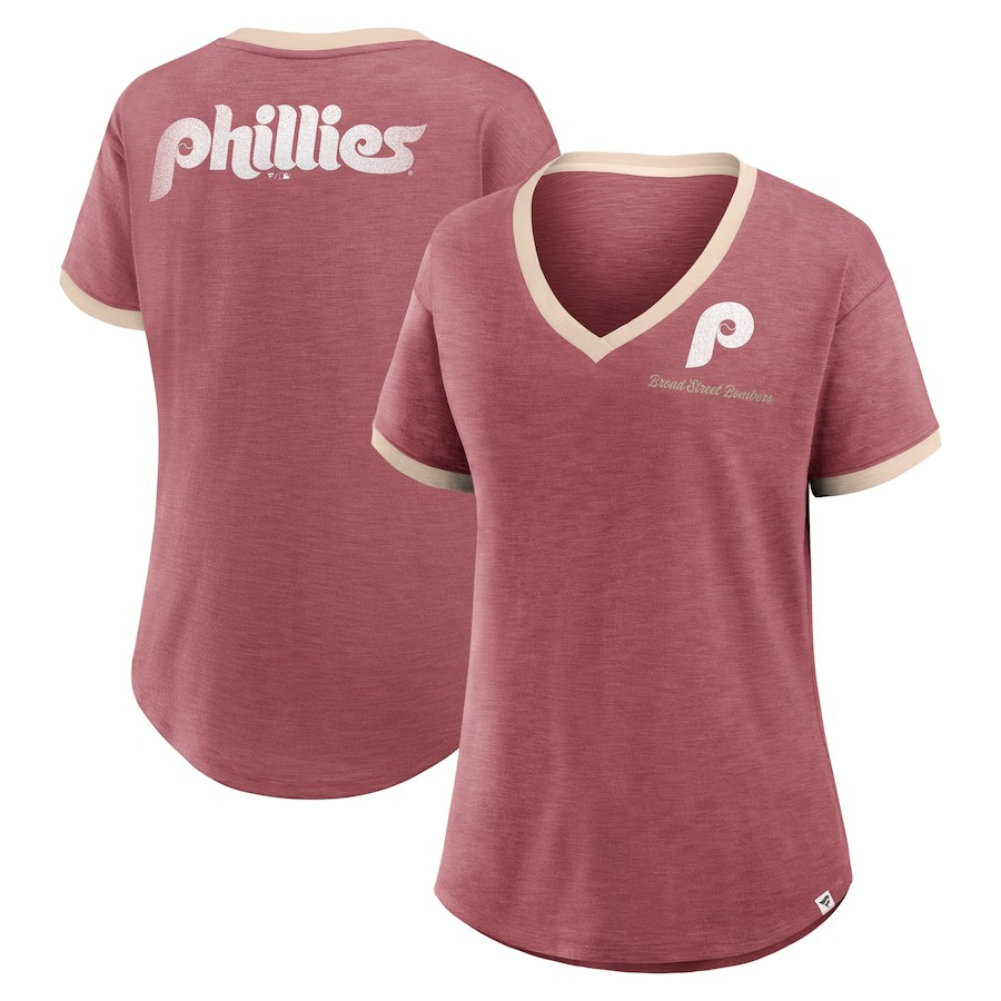 Women's Philadelphia Phillies Fanatics Burgundy Binge Worthy Stadium Slub V-Neck T-Shirt