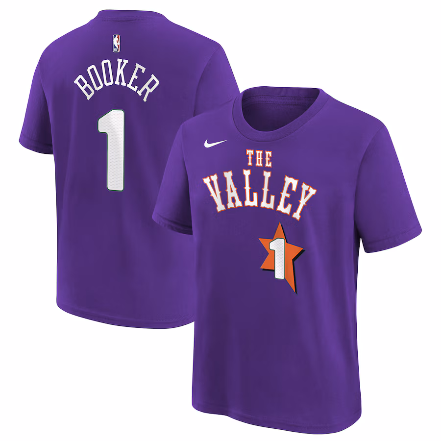 Youth Phoenix Suns Devin Booker Nike Purple 2024/25 City Edition Name & Number T-Shirt