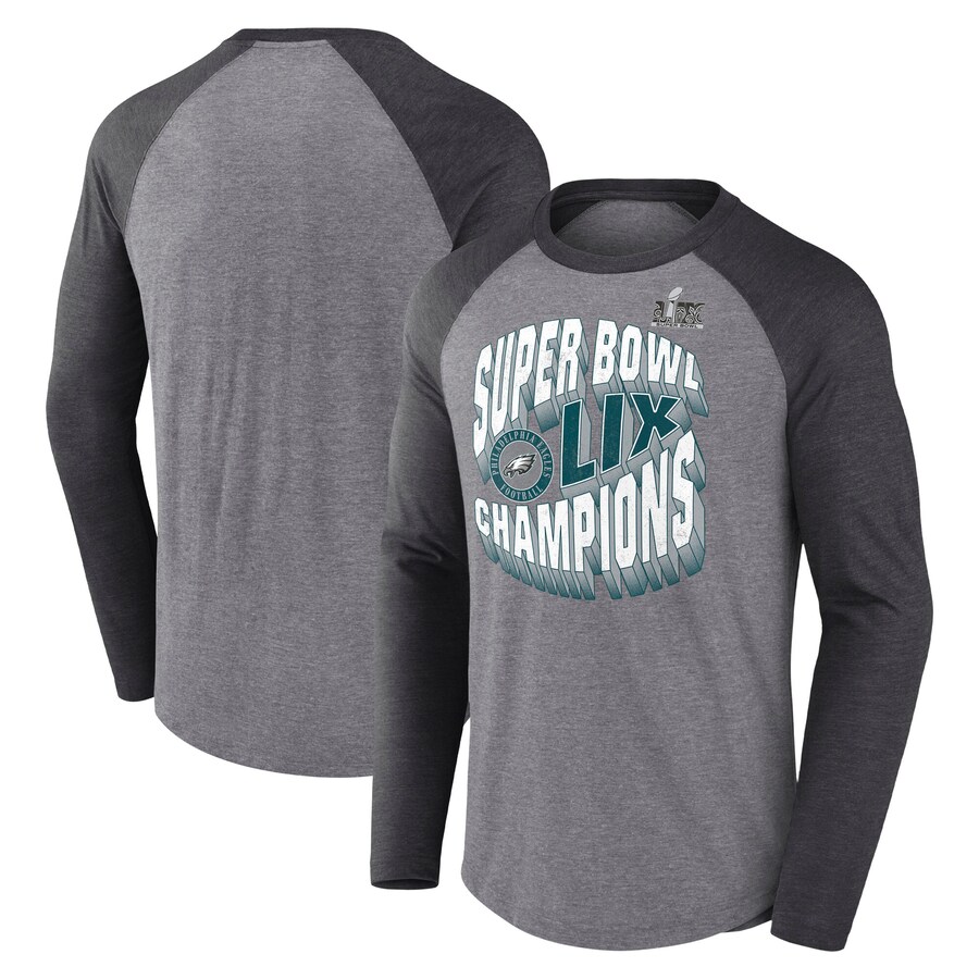 Men's Philadelphia Eagles Fanatics Heather Gray Super Bowl LIX Champions Historic Win Raglan Tri-Blend Long Sleeve T-Shirt
