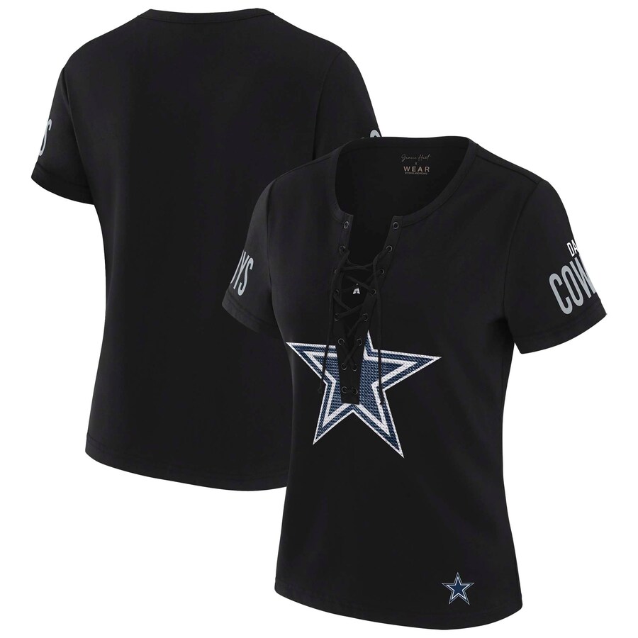 Women's Dallas Cowboys WEAR by Erin Andrews x Gracie Hunt Black Draft Me Lace-Up T-Shirt