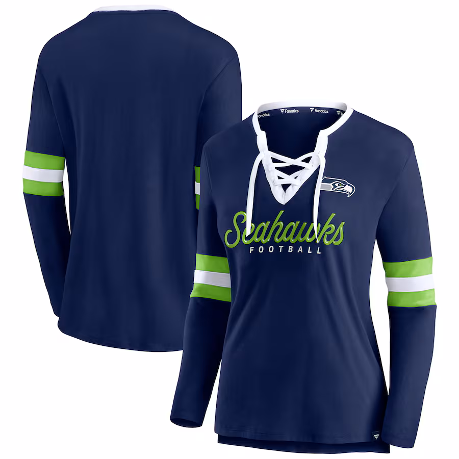 Women's Seattle Seahawks Fanatics College Navy Block Party Team Script Lace-Up Long Sleeve T-Shirt