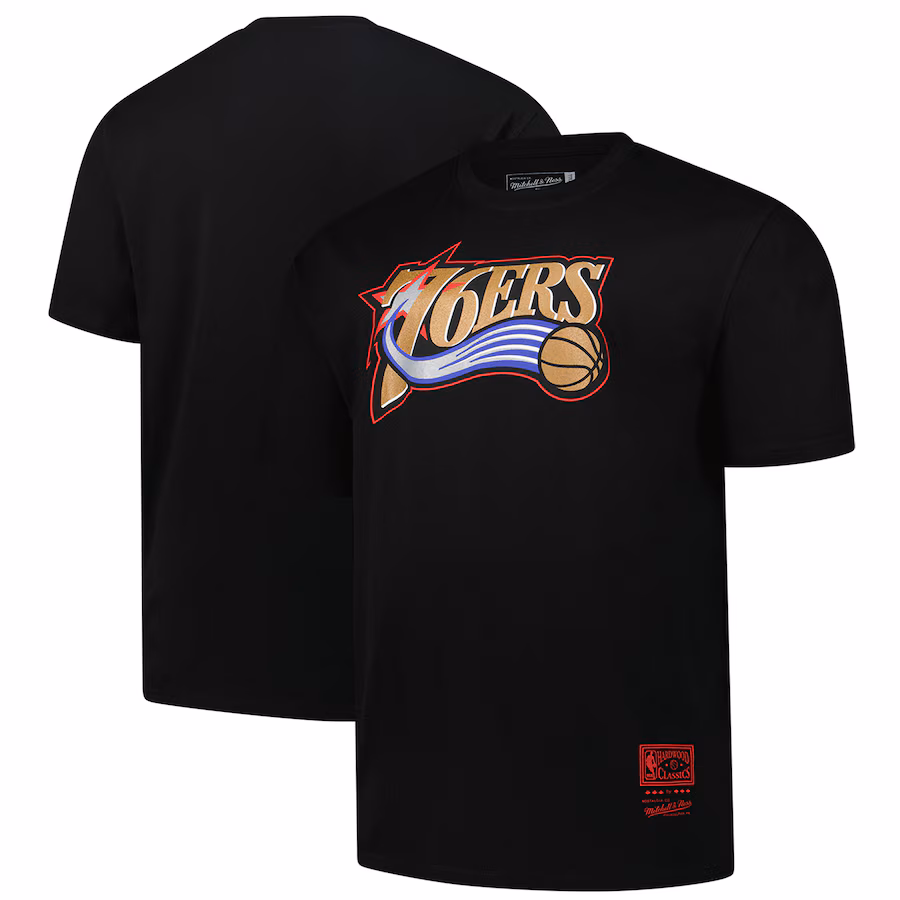 Men's Philadelphia 76ers Mitchell & Ness Black Big & Tall Hardwood Classics Vintage Logo T-Shirt