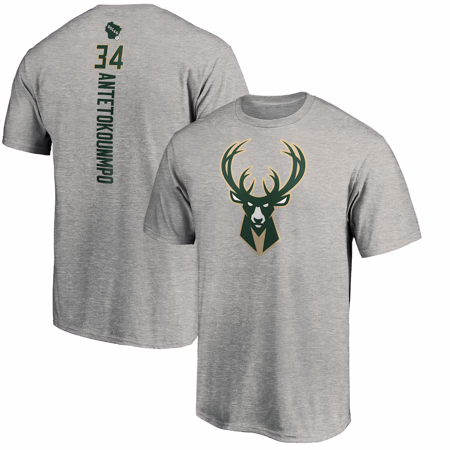 Men's Milwaukee Bucks Giannis Antetokounmpo Heathered Gray Playmaker Name & Number Team T-Shirt