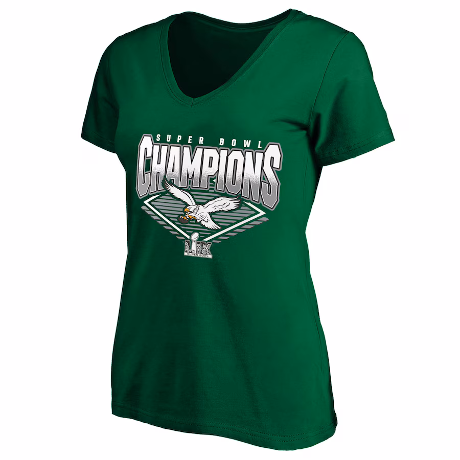 Women's Philadelphia Eagles Fanatics Kelly Green Super Bowl LIX Champions Plus Size Retro V-Neck T-Shirt