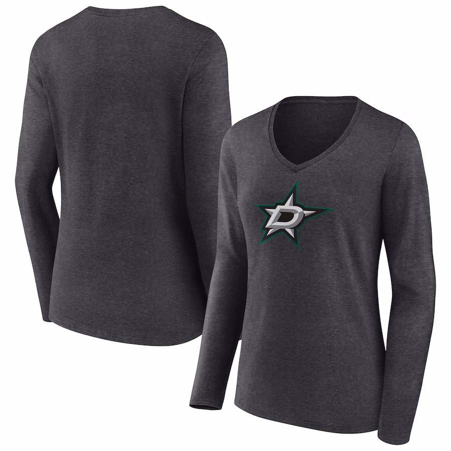 Women's Dallas Stars Heather Charcoal Primary Team Logo Long Sleeve V-Neck T-Shirt