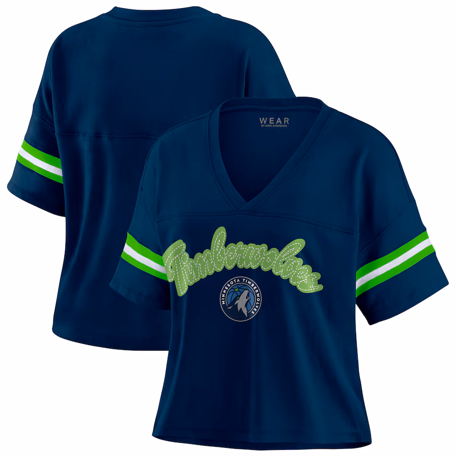 Women's Minnesota Timberwolves WEAR by Erin Andrews Navy Color Block Boxy V-Neck T-Shirt