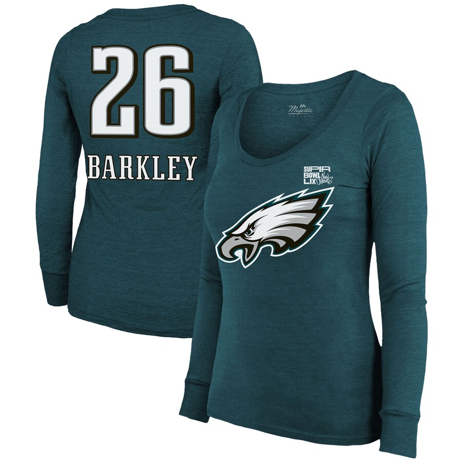 Women's Philadelphia Eagles Saquon Barkley Majestic Threads Midnight Green Super Bowl LIX Player Name & Number Tri-Blend Long Sleeve Scoop Neck T-Shirt