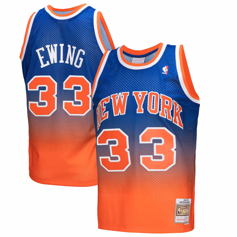 Men's New York Knicks Patrick Ewing Mitchell & Ness Orange/Royal 1991/92 Hardwood Classics Fadeaway Swingman Player Jersey