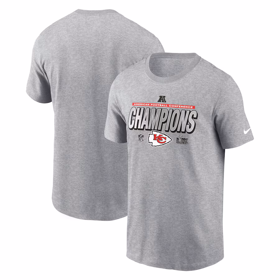 Men's Kansas City Chiefs  Nike Heather Gray 2024 AFC Champions Locker Room Trophy Collection Extended Sizes T-Shirt
