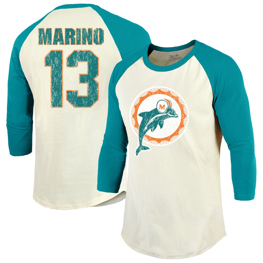 Men's Miami Dolphins Dan Marino Majestic Threads Cream/Aqua  Retired Player Name & Number 3/4 Raglan Sleeve T-Shirt