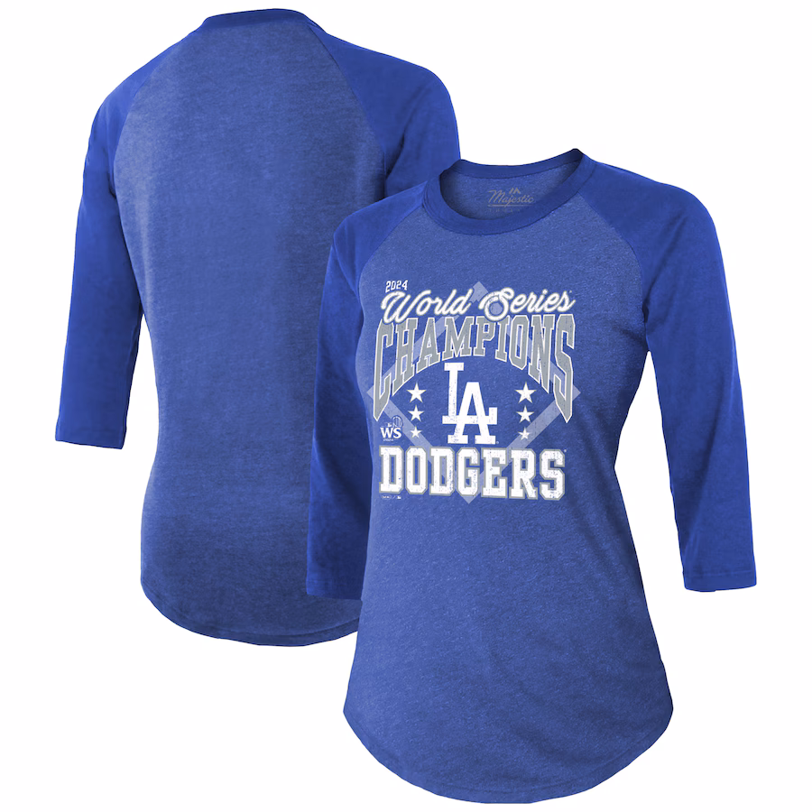 Women's Los Angeles Dodgers Majestic Threads Royal 2024 World Series Champions Tri-Blend 3/4-Sleeve Raglan T-Shirt