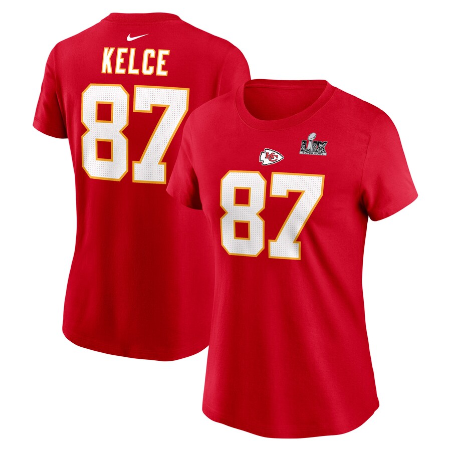 Women's Kansas City Chiefs Travis Kelce Nike Red Super Bowl LIX Name & Number T-Shirt