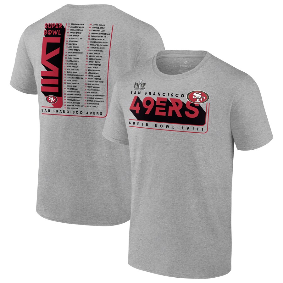 Men's San Francisco 49ers Fanatics Heather Gray Super Bowl LVIII Team Members Roster T-Shirt