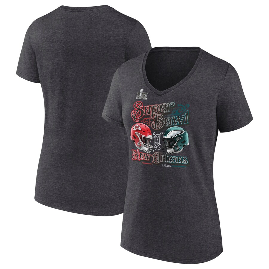 Women's Kansas City Chiefs vs. Philadelphia Eagles Fanatics Heather Charcoal Super Bowl LIX Matchup Final Battle V-Neck T-Shirt