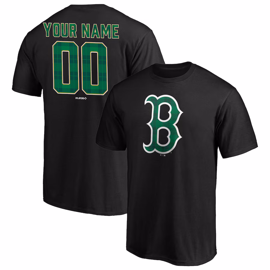 Men's Boston Red Sox Black Emerald Plaid Personalized Name & Number T-Shirt