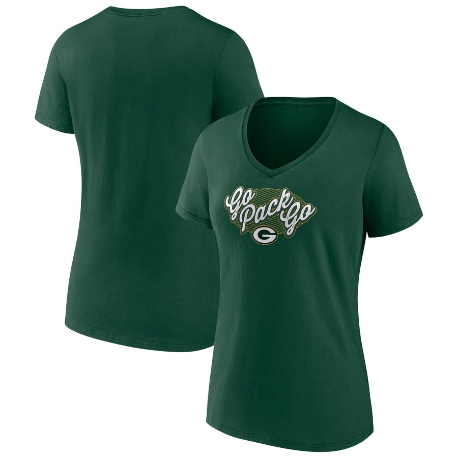 Women's Green Bay Packers Fanatics Green Back Home Again Distressed V-Neck T-Shirt